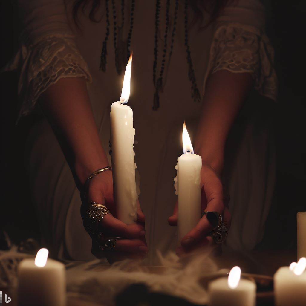 una persona cogiendo velas blancas para hacer un ritual