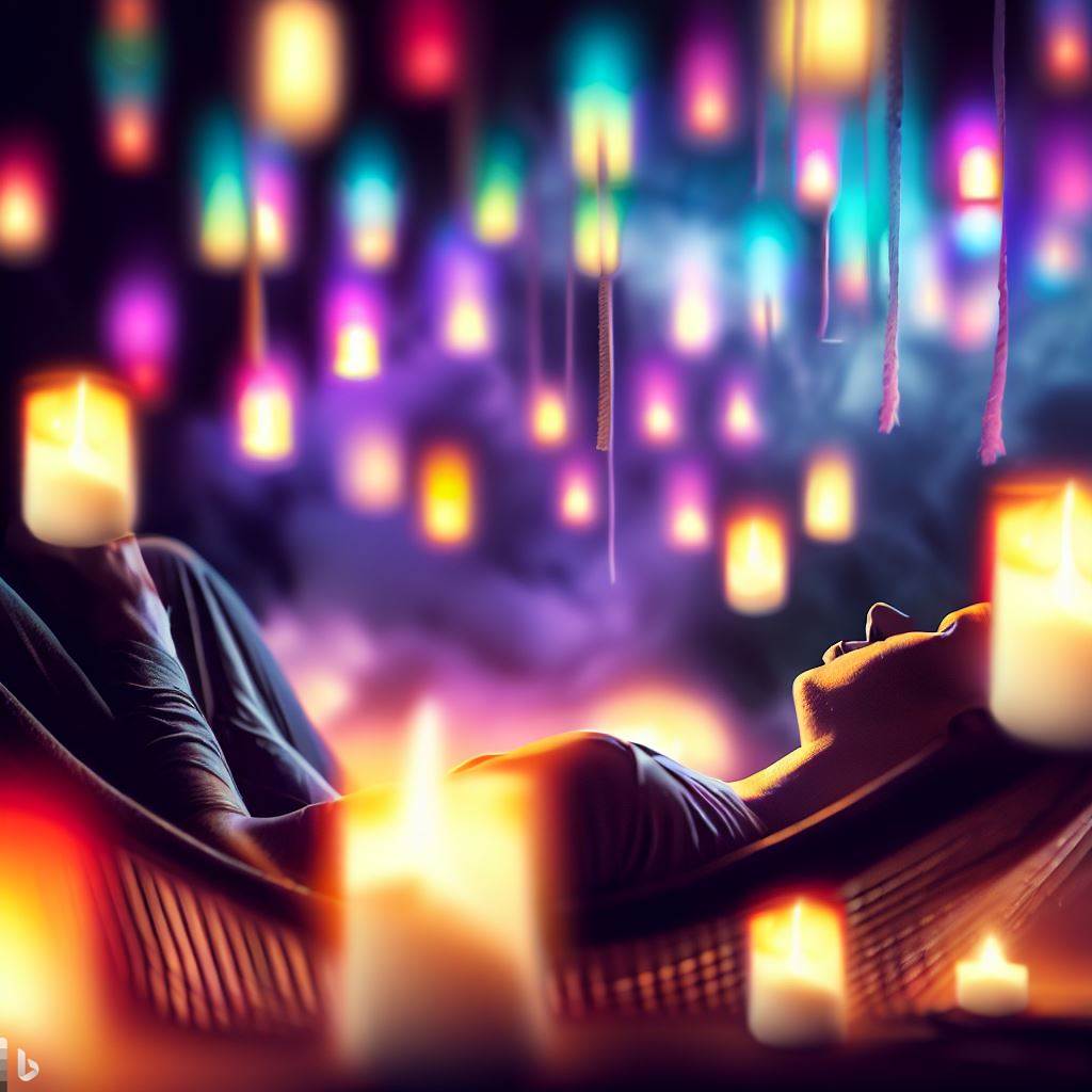 Mujer acostada en una hamaca soñando con velas de colores